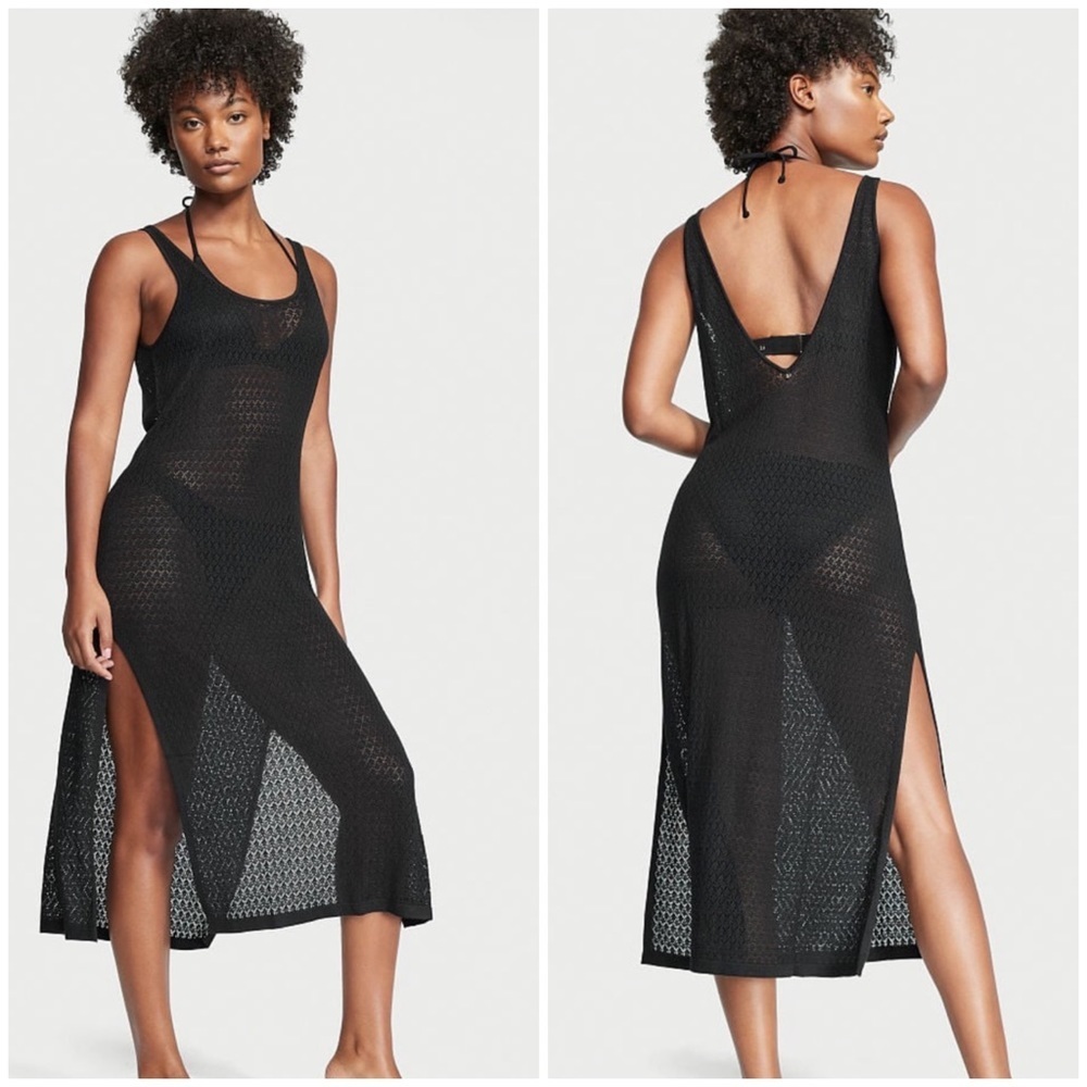 VS Black Crochet Knit Maxi Dress Swim Bikini Cover-Up Dress